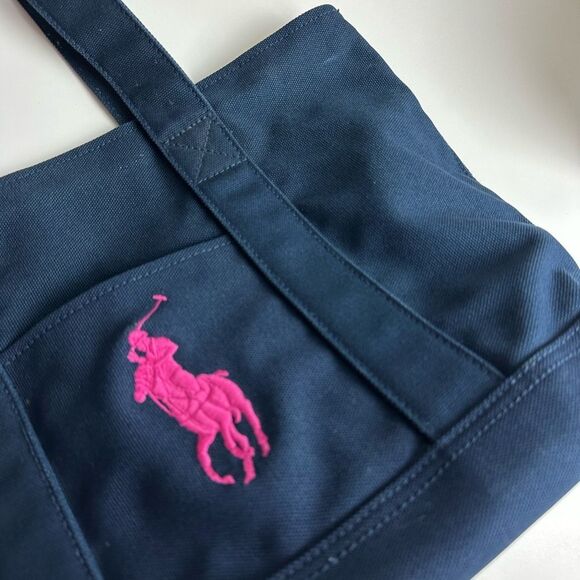 Polo Ralph Lauren Canvas Tote Bag Navy With Pink Fuchsia Pony Embroidered RARE - Picture 3 of 14